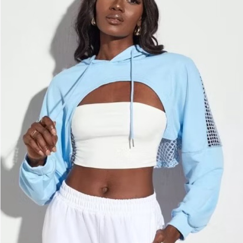 7️⃣Mido Sky Blue Women's Mesh Cropped Hoodie